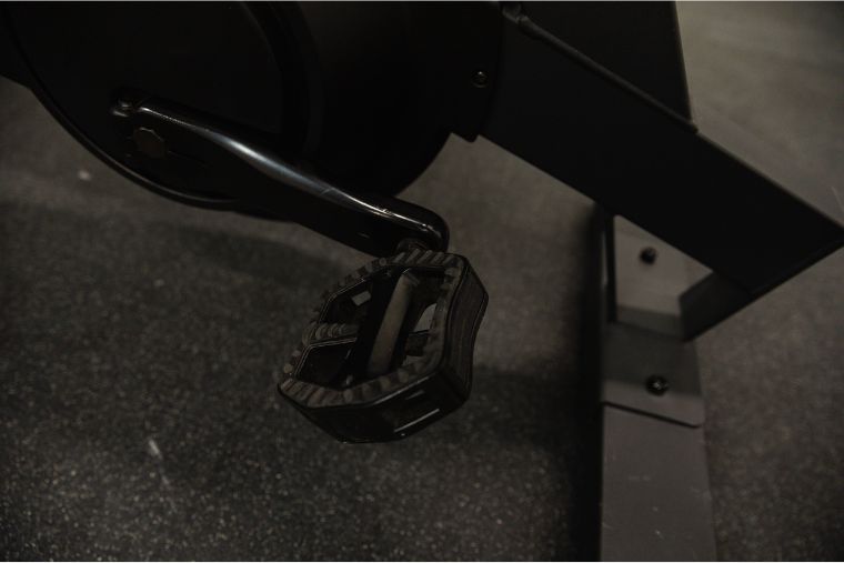 A close-up of a pedal on the Rogue Echo Bike